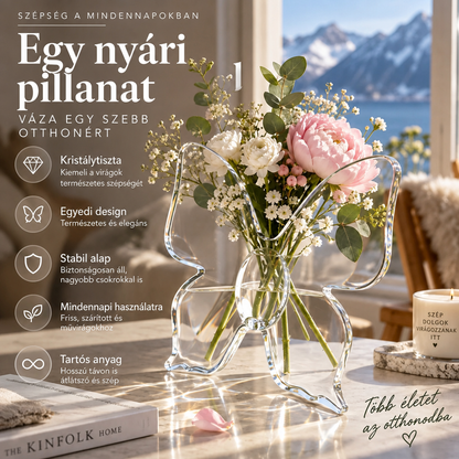 🦋 Átlátszó pillangós váza – kristálytiszta műanyag, stabil talp, virágok és ajándékok ✨