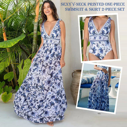 🩱V nyak csipke nyomtatás egyrészes fürdőruha és szoknya