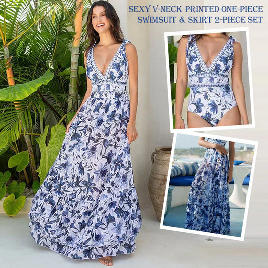 🩱V nyak csipke nyomtatás egyrészes fürdőruha és szoknya