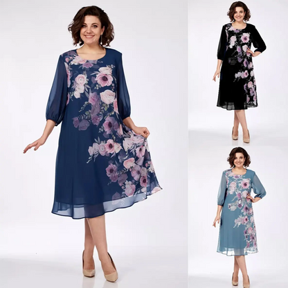 【S-4XL】🌺Női elegáns virágos nyomtatás kerek nyakú ruha