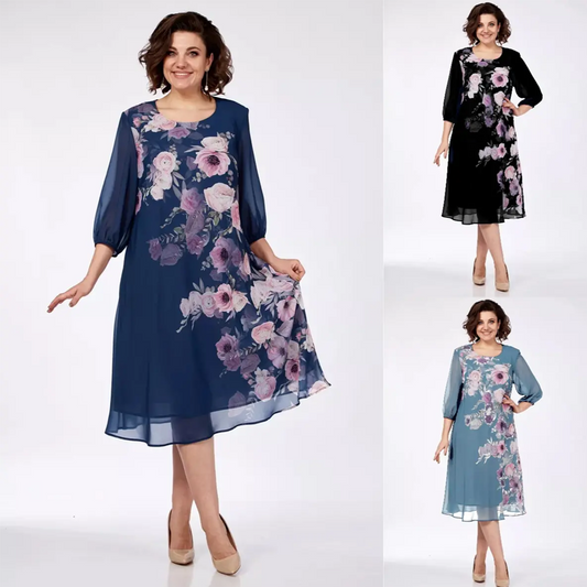 【S-4XL】🌺Női elegáns virágos nyomtatás kerek nyakú ruha