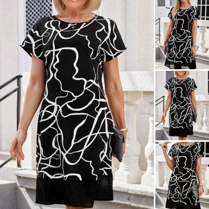 Elegáns női ruha rövid ujjú és kerek nyakkivágással