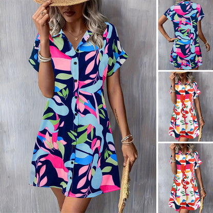 👗 Női ruha rövid ujjú és gombokkal 🌸 | Virágos nyomtatva | Lélegző pamut