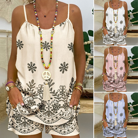 ⏳Korlátozott idejű ajánlat⏰Női nyomtatott spagettipántos Cami Tank és rövidnadrág szett