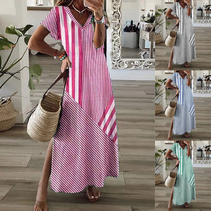 💃 Női csíkos V-nyakú ruha hasított résszel