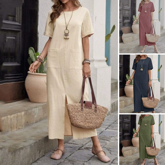 💕【S-4XL】🌿Pamut-vászon laza kerek nyakú ruha