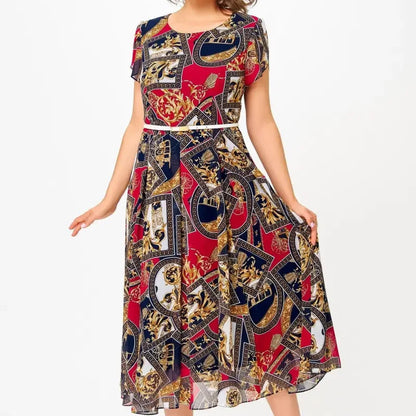 Vintage nyomtatás sifon A-vonalú ruha