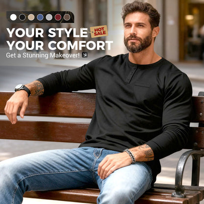 Férfi slim fit Henley hosszú ujjú póló