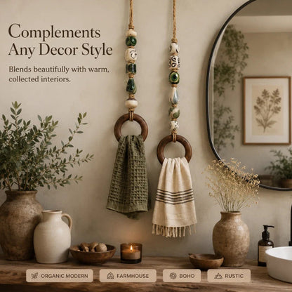 🏡 Díszes, gyöngyös törülközőakasztó fa gyűrűvel – boho stílusú, kézzel készített, sokoldalúan használható ✨