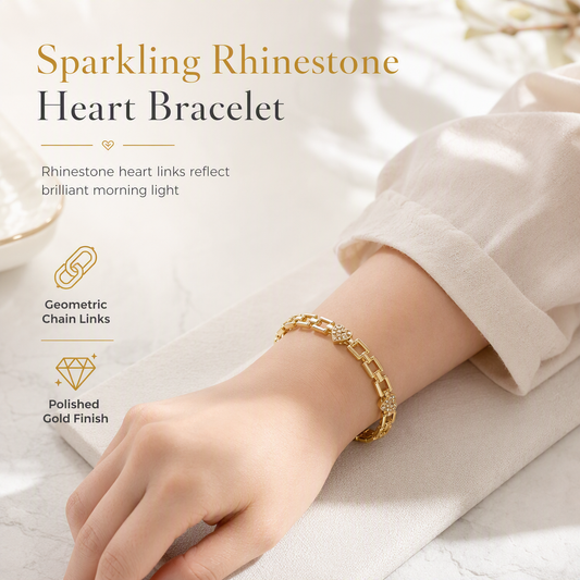 ✨„Párizsi elegancia” karkötő – arany strasszos szív és négyzet alakú, üreges lánc, kézzel beillesztett strasszokkal, könnyű💛