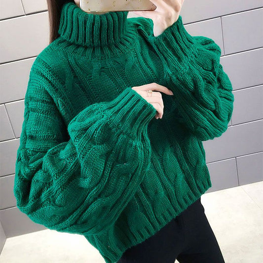 Lady's Turtleneck Braid Knit Crop Sweater Zöld - Nagyszerű ajándék